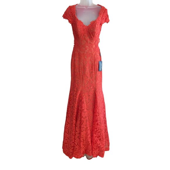 NWT La Femme Coral Lace Backless Formal Evening Gown Size 6 Coral - Picture 3 of 11
